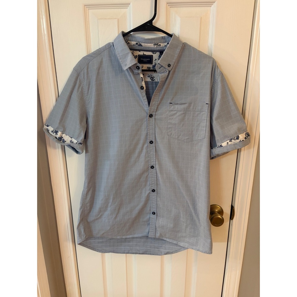7Diamonds Button Down Shirt Mens Large Blue Grid Floral Trim Short Sleeve